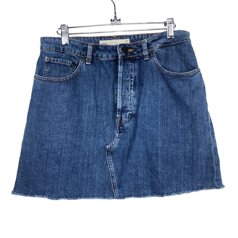 Asos Denim Jean Mini Skirt Button Fly High Rise Fray Hem Size 6
